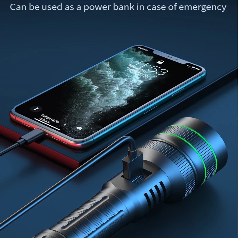 Powerful LED Flashlight Zoomab - Outdoor Power Bank avaliação e preço